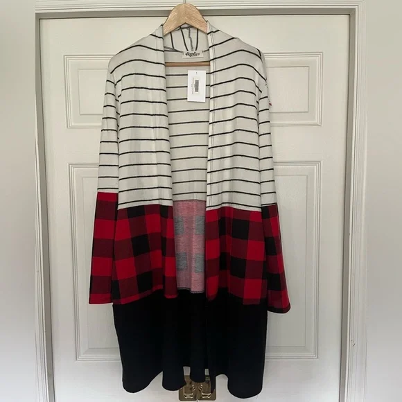 {Haptics} Buffalo Plaid Striped Open Front Long Cardigan - Women's Medium - NWT - Picture 2 of 11